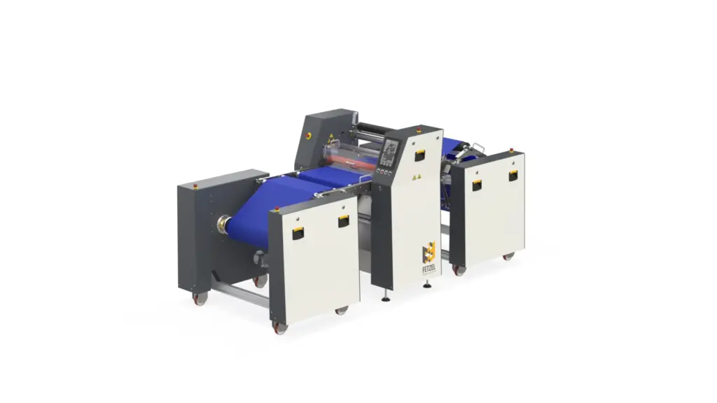 Laminator mit großem Produktabwickler und Produktaufwickler mit Breitstreckwalzen für die Verbindung verschiedenster Folien