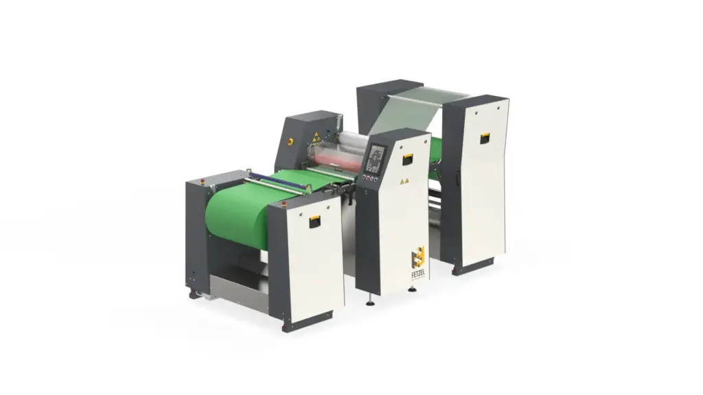 Laminator Rolle-zu-Rolle Sonderausführung für Membranen und Brennstoffzellen mit großem Produktabwickler und Aufwickler für Produkt und Schutzfolien